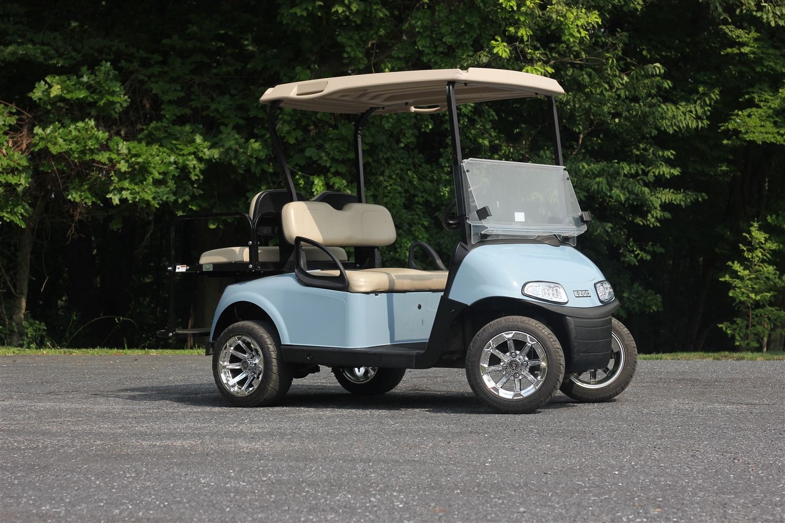 Ocean gray EZGO custom golf cart with chrome wheels